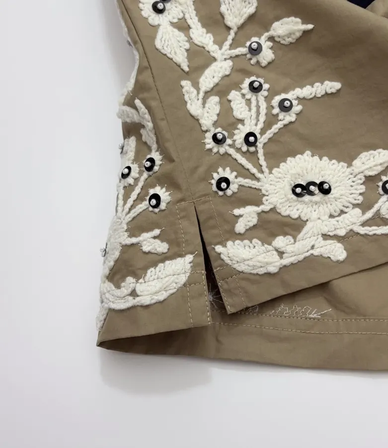 Floral Beaded Elastic-Waist Athletic Shorts in Khaki, product view 09
