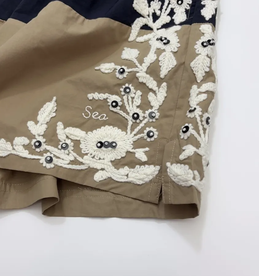 Floral Beaded Elastic-Waist Athletic Shorts in Khaki, product view 12