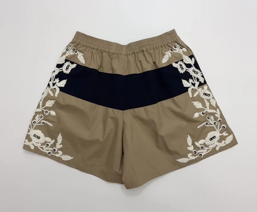 Floral Beaded Elastic-Waist Athletic Shorts in Khaki, product view 15