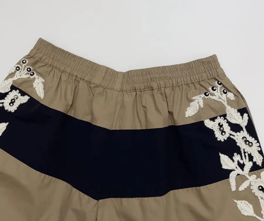 Floral Beaded Elastic-Waist Athletic Shorts in Khaki, product view 16