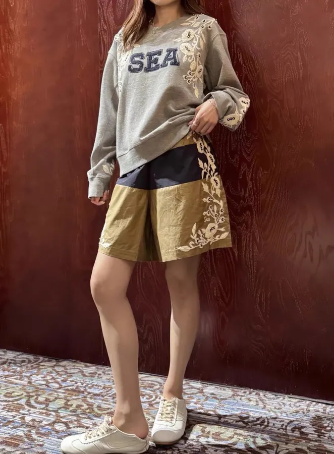 Floral Beaded Elastic-Waist Athletic Shorts in Khaki, product view 18
