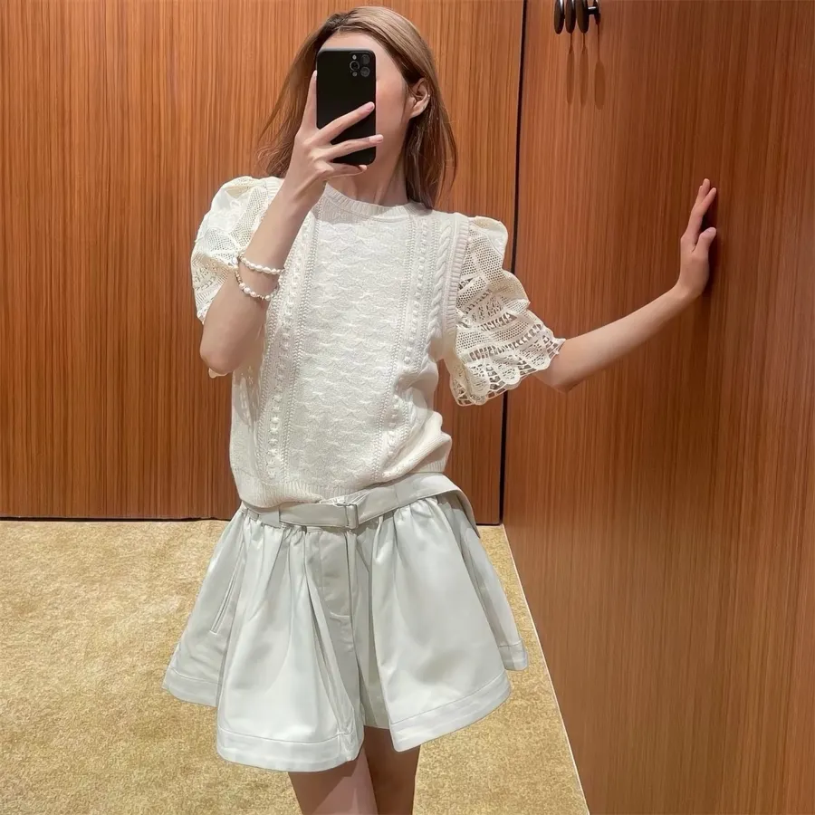 Embroidered Lace Patchwork Crew-Neck Knitted Short-Sleeve Top in White, product view 01