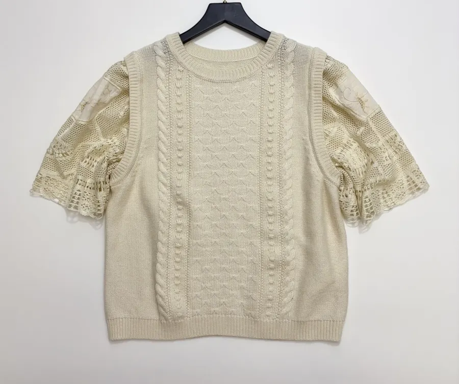 Embroidered Lace Patchwork Crew-Neck Knitted Short-Sleeve Top in White, product view 02