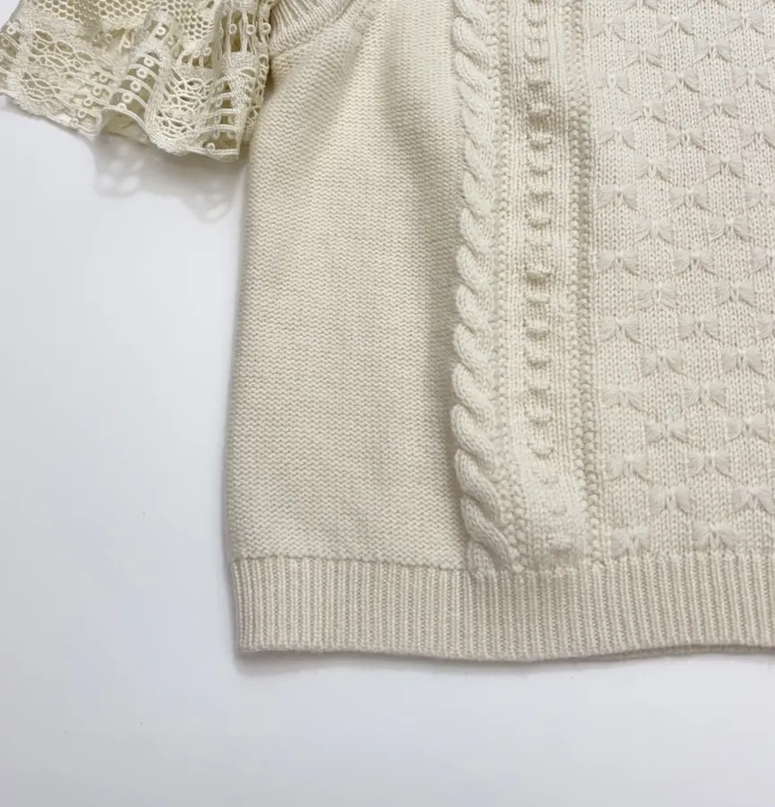 Embroidered Lace Patchwork Crew-Neck Knitted Short-Sleeve Top in White, product view 07