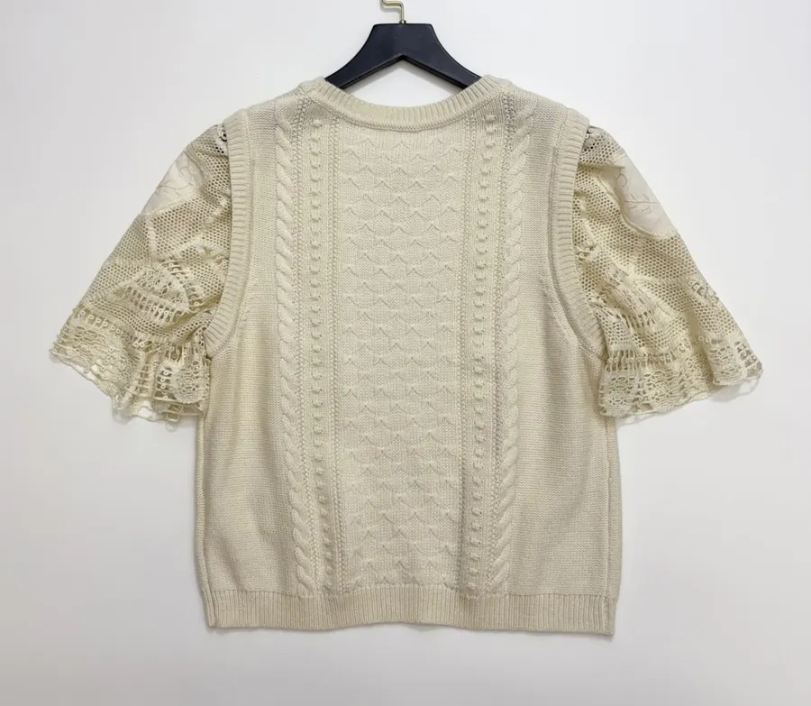 Embroidered Lace Patchwork Crew-Neck Knitted Short-Sleeve Top in White, product view 12