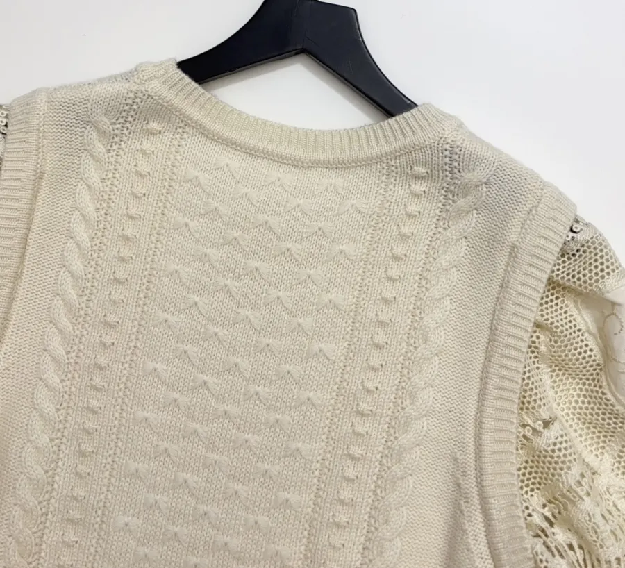 Embroidered Lace Patchwork Crew-Neck Knitted Short-Sleeve Top in White, product view 13
