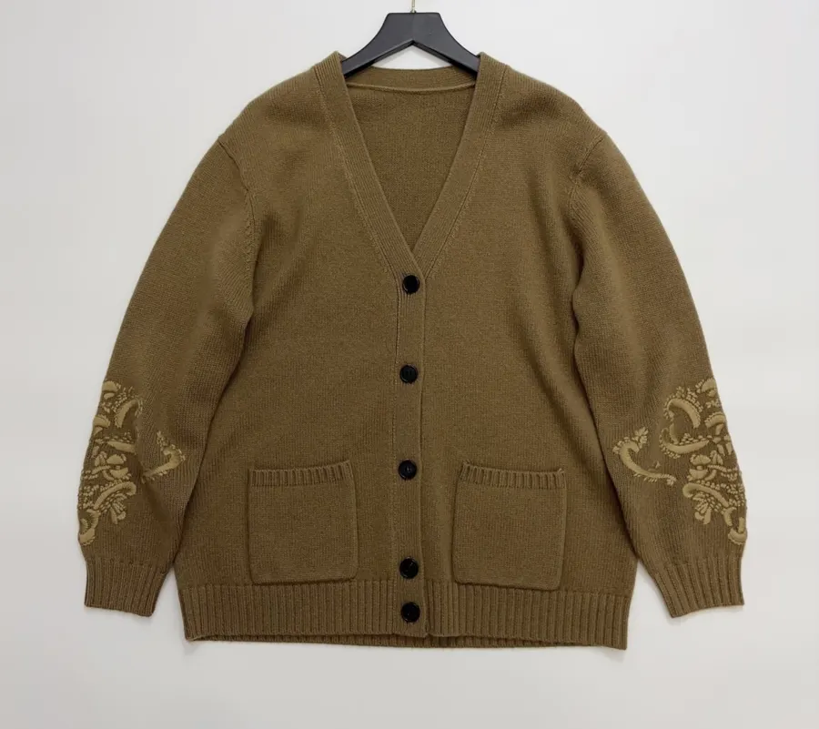 Jacquard Embroidered V-Neck Relaxed Cardigan in Brown, product view 01