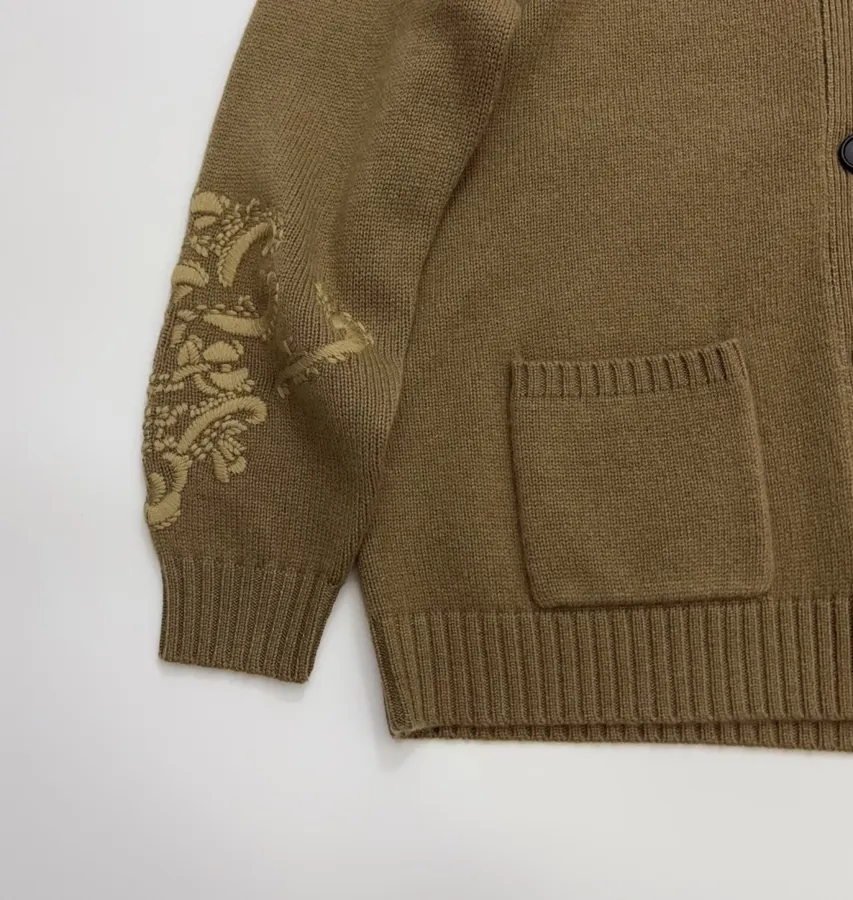 Jacquard Embroidered V-Neck Relaxed Cardigan in Brown, product view 07