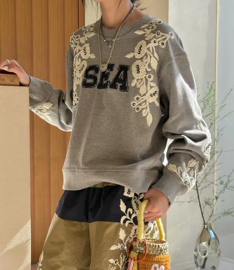 Gray Crewneck Embroidered Logo Beaded Floral Loose Casual Pullover Sweatshirt in Gray, product view 01