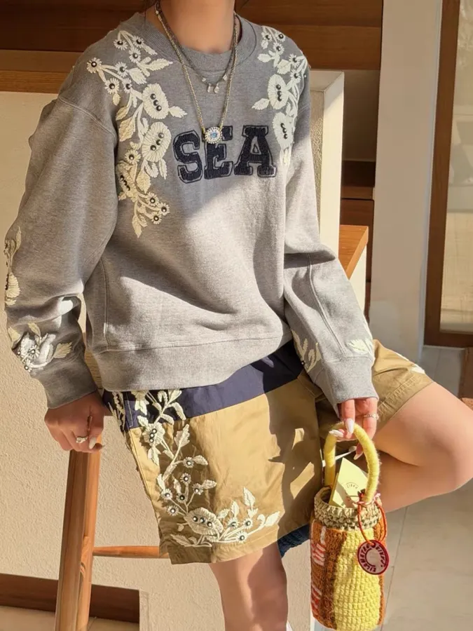 Gray Crewneck Embroidered Logo Beaded Floral Loose Casual Pullover Sweatshirt in Gray, product view 02