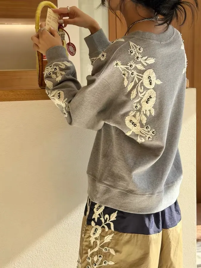 Gray Crewneck Embroidered Logo Beaded Floral Loose Casual Pullover Sweatshirt in Gray, product view 03