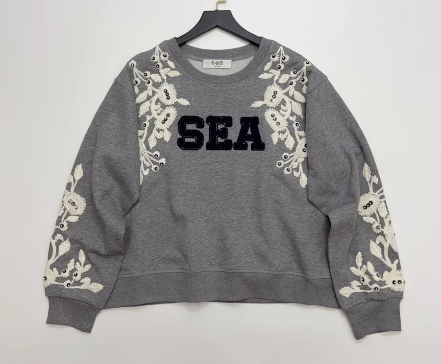Gray Crewneck Embroidered Logo Beaded Floral Loose Casual Pullover Sweatshirt in Gray, product view 04