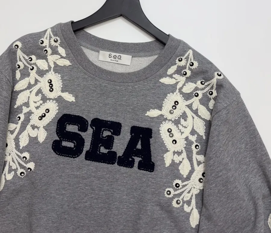 Gray Crewneck Embroidered Logo Beaded Floral Loose Casual Pullover Sweatshirt in Gray, product view 05