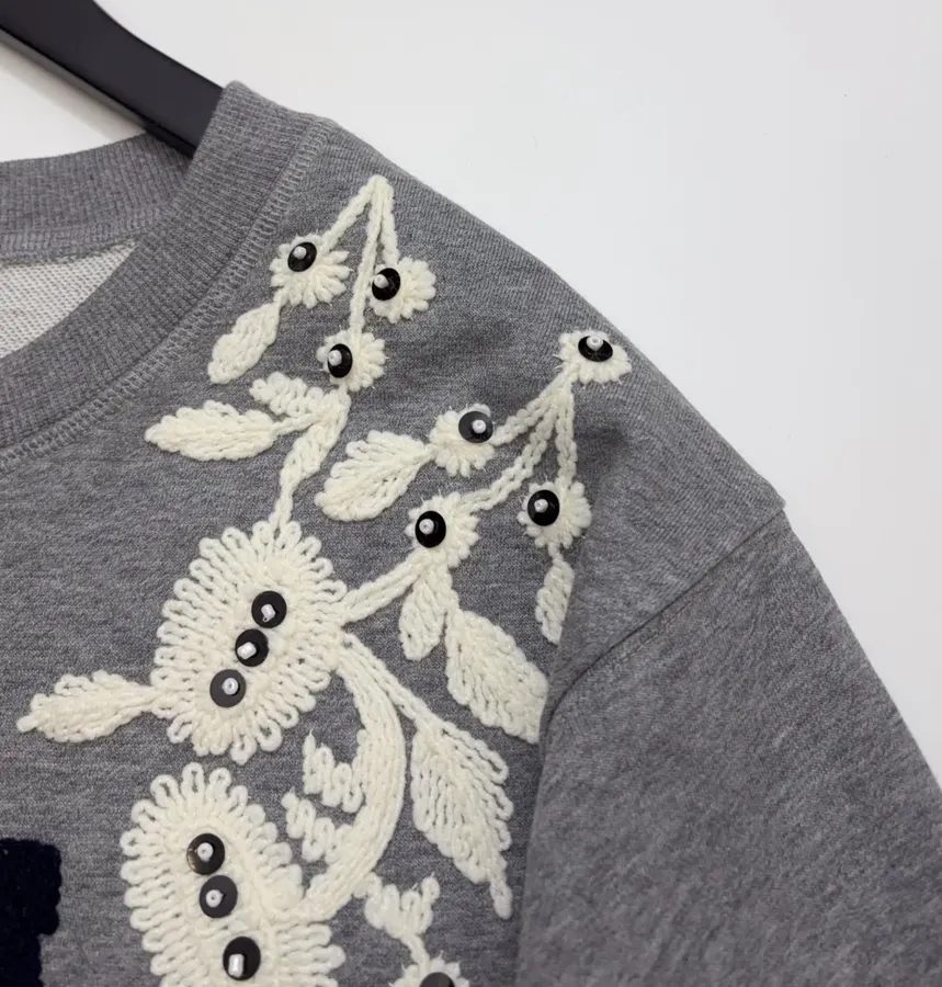 Gray Crewneck Embroidered Logo Beaded Floral Loose Casual Pullover Sweatshirt in Gray, product view 06