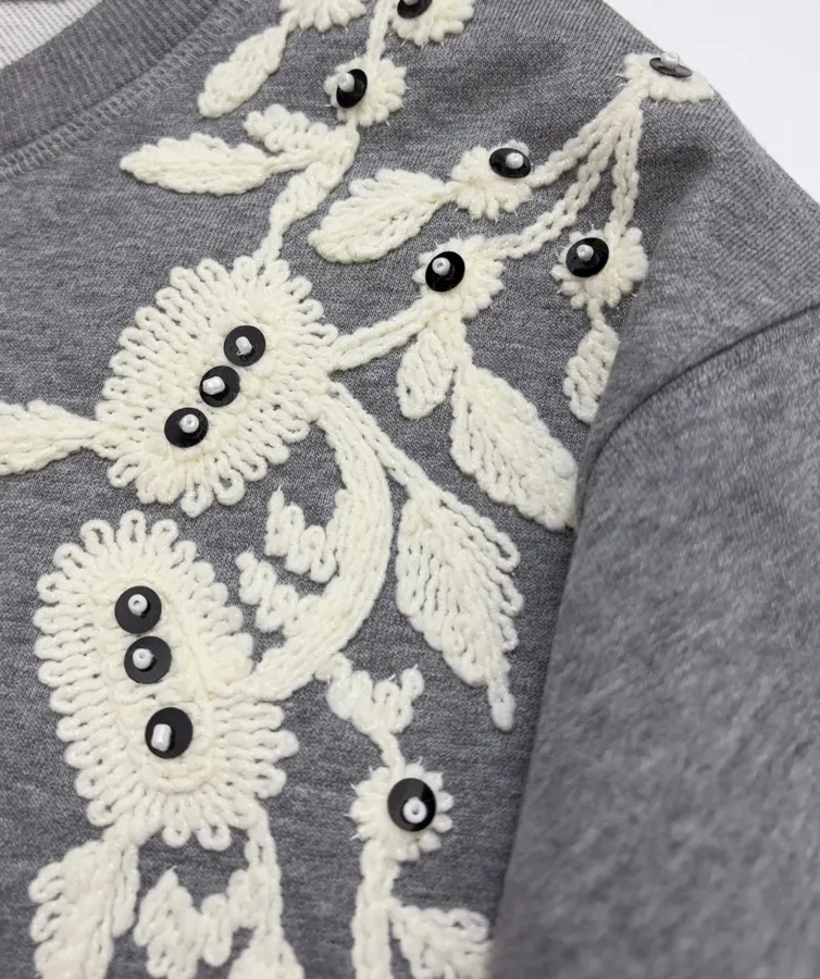 Gray Crewneck Embroidered Logo Beaded Floral Loose Casual Pullover Sweatshirt in Gray, product view 07