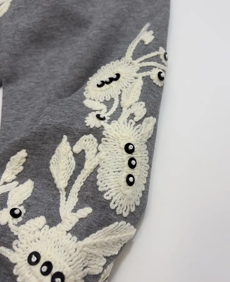Gray Crewneck Embroidered Logo Beaded Floral Loose Casual Pullover Sweatshirt in Gray, product view 08