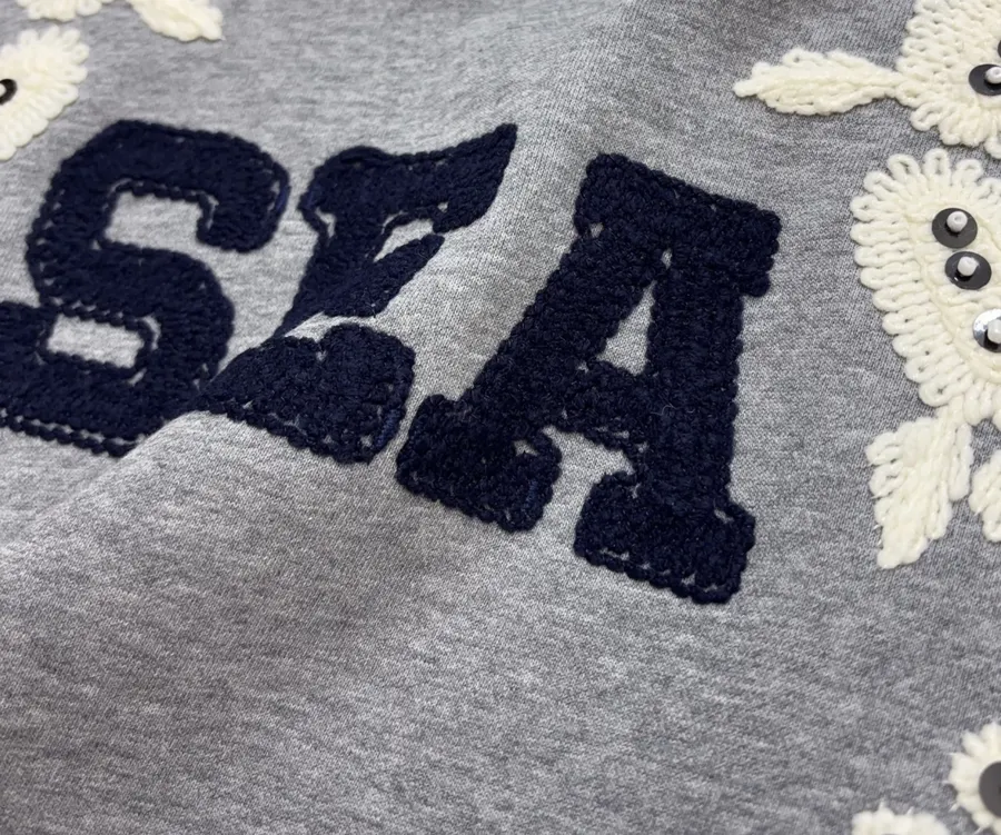 Gray Crewneck Embroidered Logo Beaded Floral Loose Casual Pullover Sweatshirt in Gray, product view 09