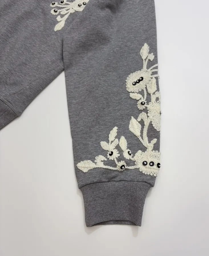 Gray Crewneck Embroidered Logo Beaded Floral Loose Casual Pullover Sweatshirt in Gray, product view 10
