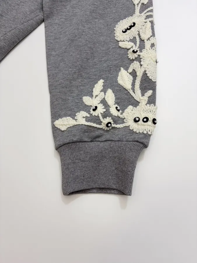 Gray Crewneck Embroidered Logo Beaded Floral Loose Casual Pullover Sweatshirt in Gray, product view 11