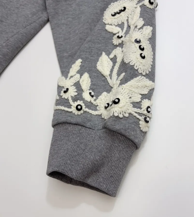 Gray Crewneck Embroidered Logo Beaded Floral Loose Casual Pullover Sweatshirt in Gray, product view 12