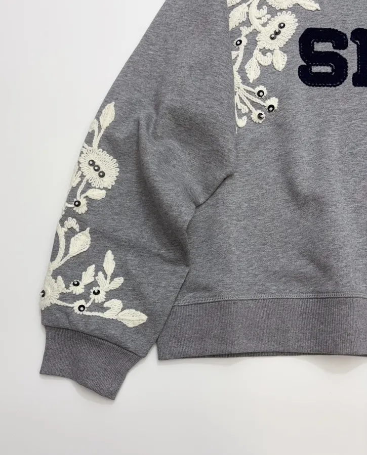 Gray Crewneck Embroidered Logo Beaded Floral Loose Casual Pullover Sweatshirt in Gray, product view 13