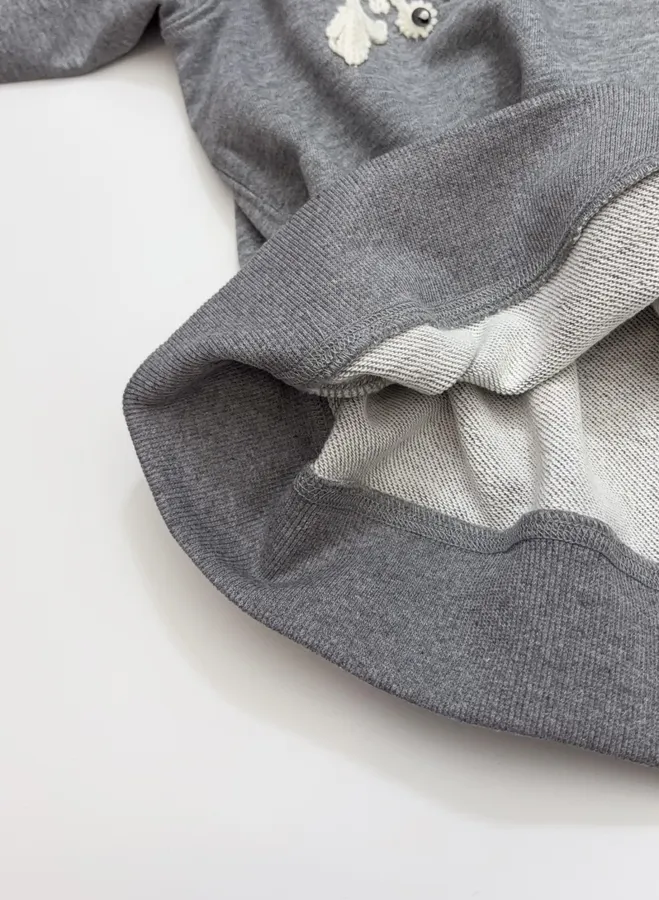 Gray Crewneck Embroidered Logo Beaded Floral Loose Casual Pullover Sweatshirt in Gray, product view 16