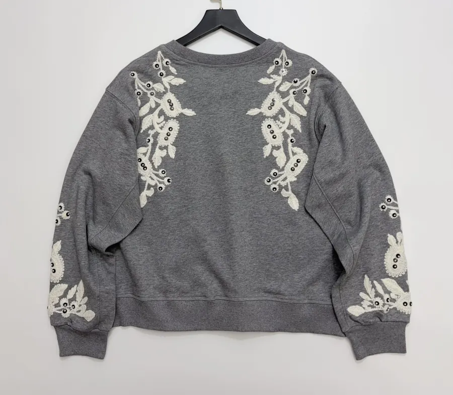Gray Crewneck Embroidered Logo Beaded Floral Loose Casual Pullover Sweatshirt in Gray, product view 18