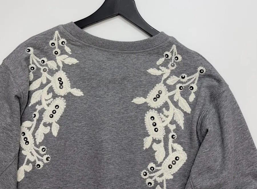 Gray Crewneck Embroidered Logo Beaded Floral Loose Casual Pullover Sweatshirt in Gray, product view 19