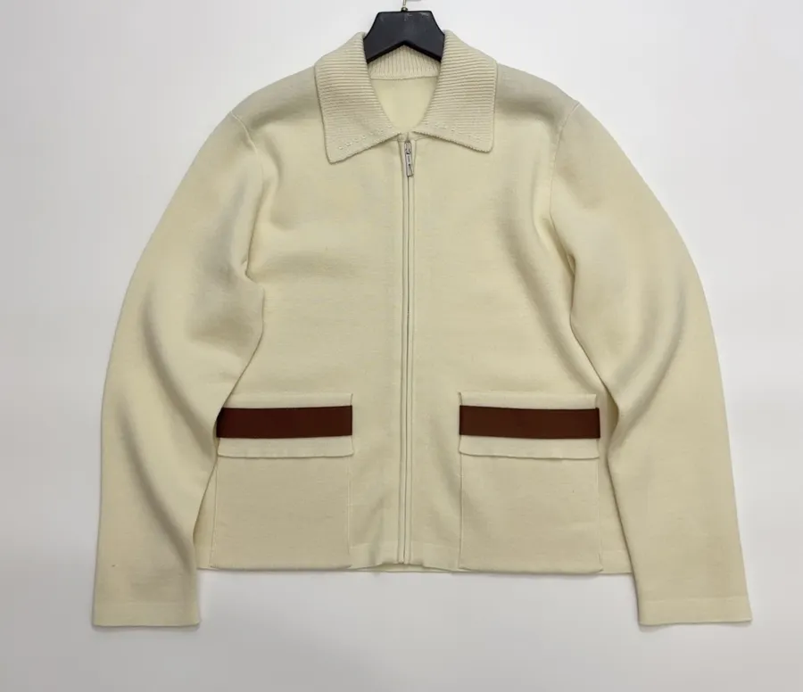 Turn-down Collar Zip-up Knitted Cardigan Coat in Ivory, product view 01