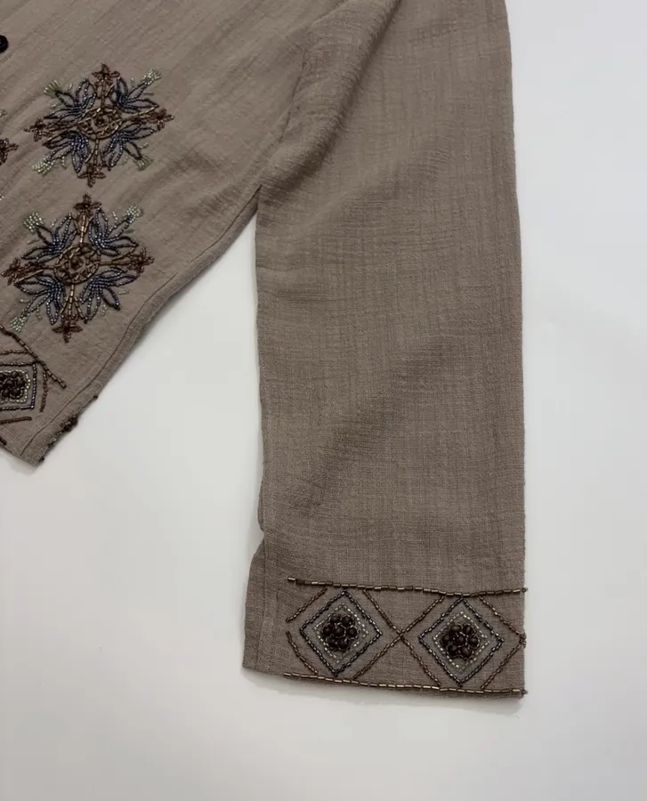 Taupe Embroidered Collared Jacket in Taupe, product view 05