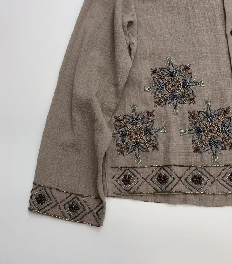 Taupe Embroidered Collared Jacket in Taupe, product view 08