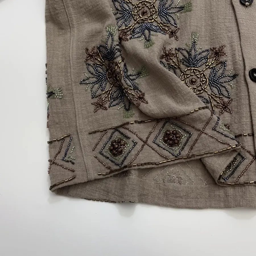 Taupe Embroidered Collared Jacket in Taupe, product view 09