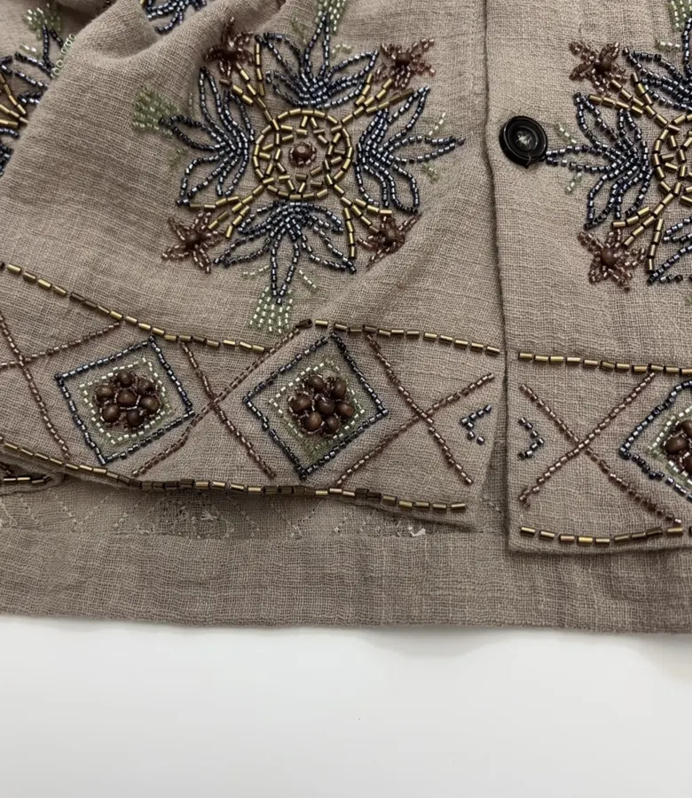 Taupe Embroidered Collared Jacket in Taupe, product view 10