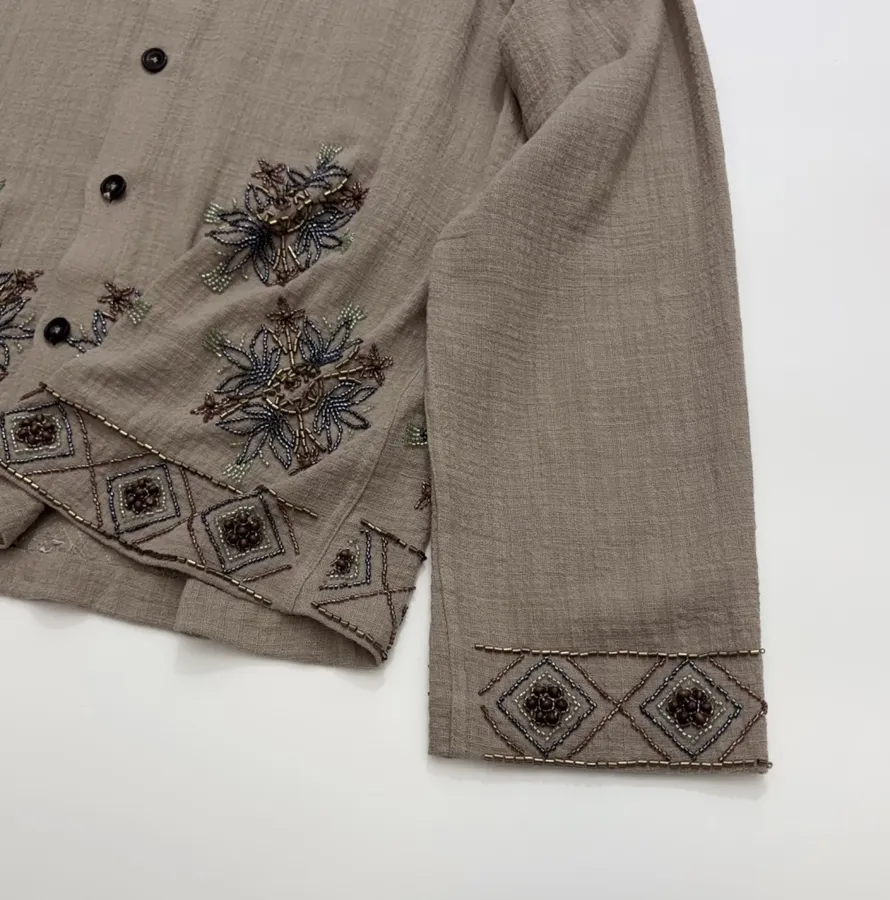 Taupe Embroidered Collared Jacket in Taupe, product view 14