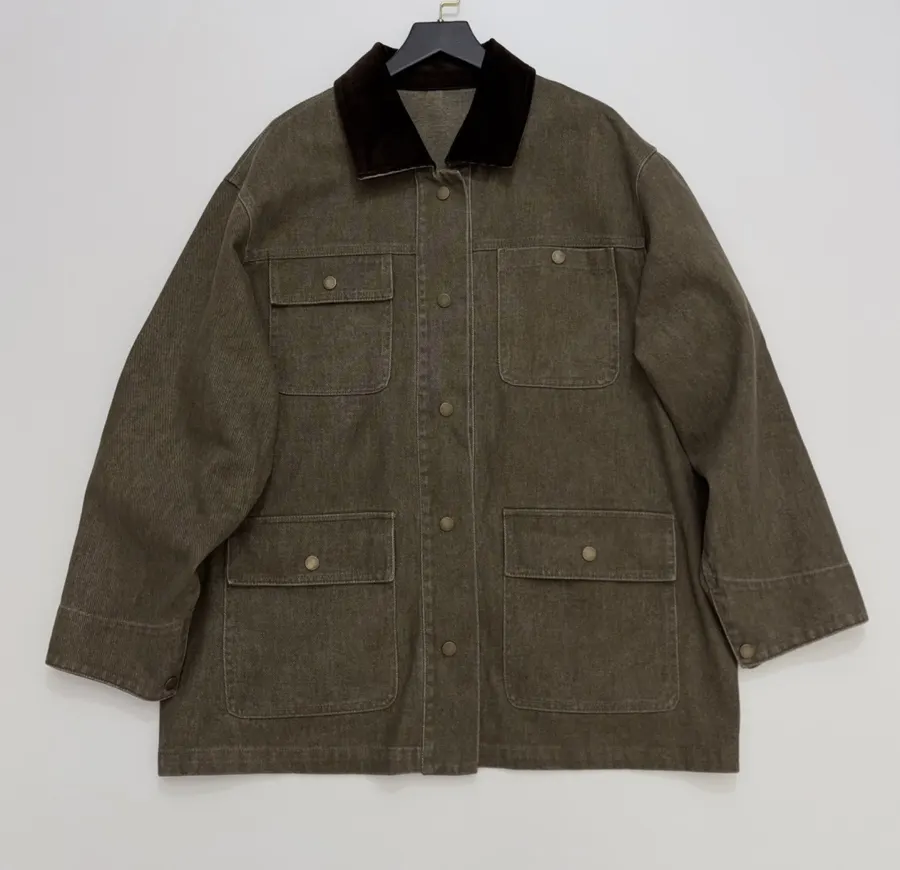 Dark Olive Corduroy-Collar Utility Jacket in Olive Green, product view 01