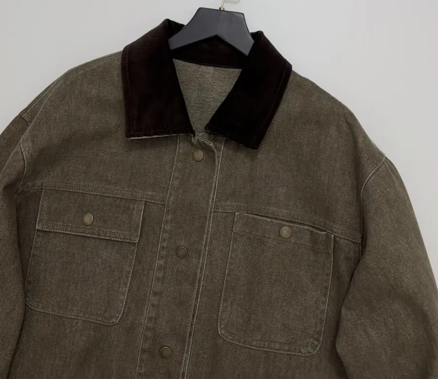 Dark Olive Corduroy-Collar Utility Jacket in Olive Green, product view 02
