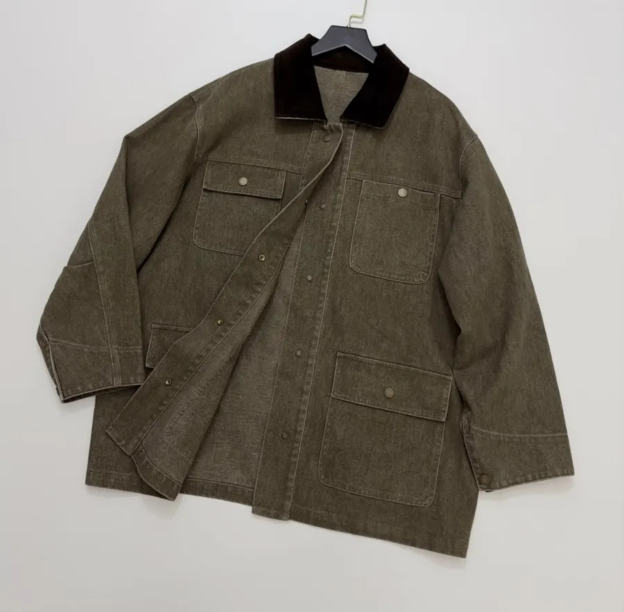 Dark Olive Corduroy-Collar Utility Jacket in Olive Green, product view 14