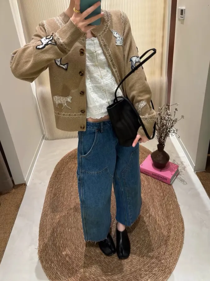 Taupe Appliqué Knit Cardigan in Taupe, product view 01