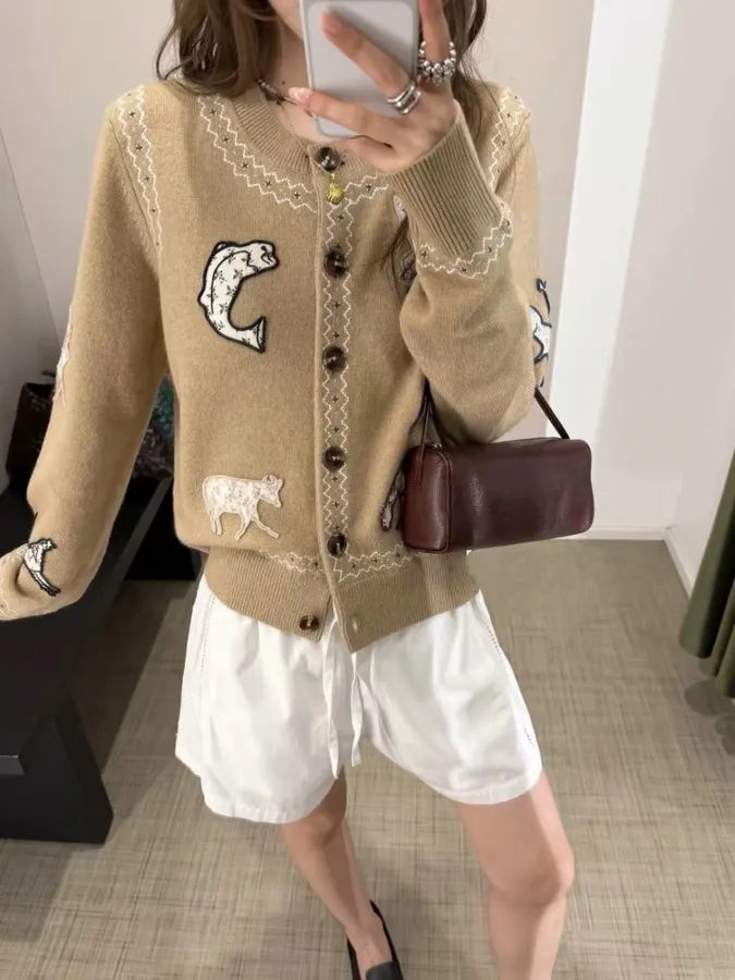 Taupe Appliqué Knit Cardigan in Taupe, product view 02