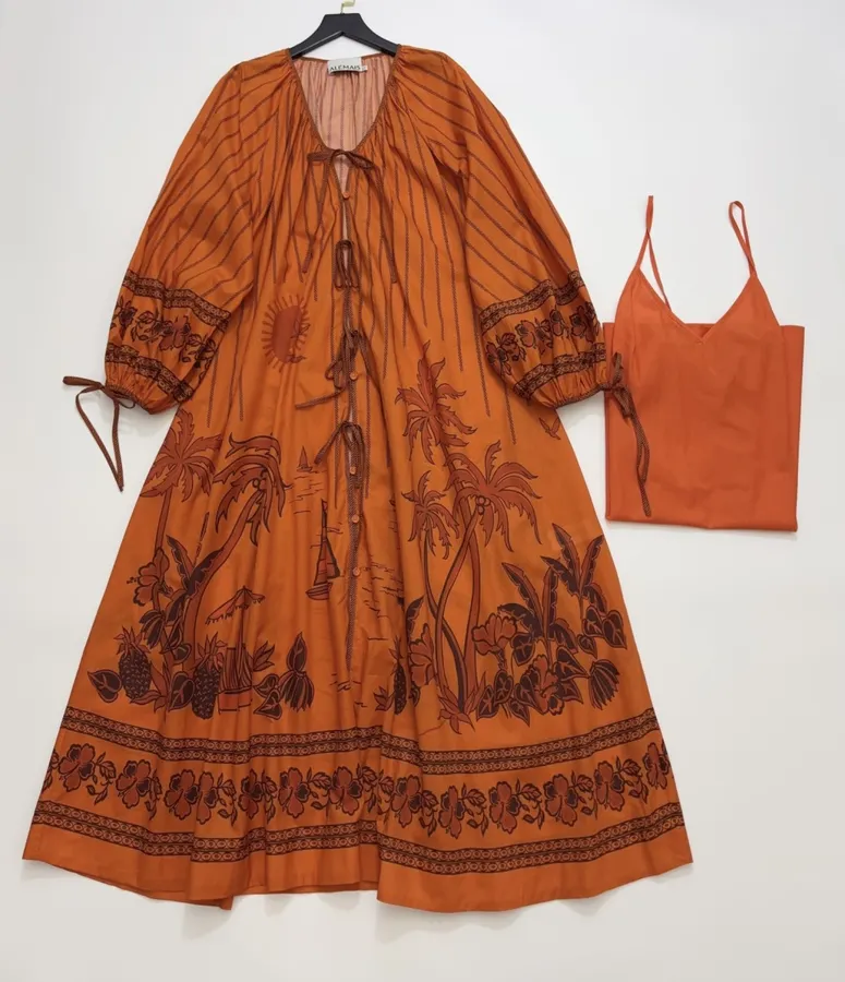 Orange Botanical Print Puff-Sleeve Maxi Dress in Orange, product view 01