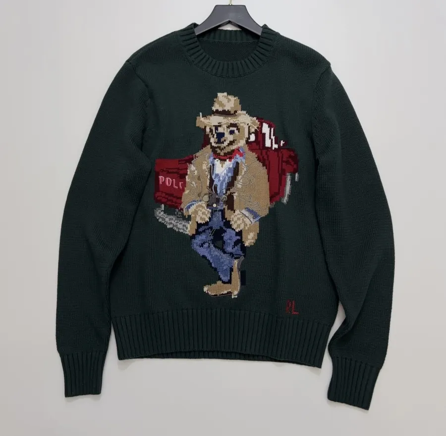 Dark Green Cowboy Bear Crew-Neck Sweater in Dark Green, product view 01