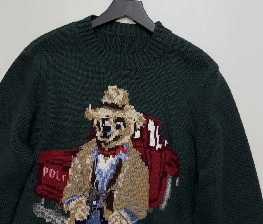 Dark Green Cowboy Bear Crew-Neck Sweater in Dark Green, product view 02