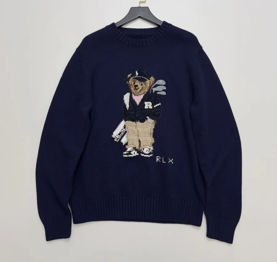 Navy Black-Jacket Golfer Bear Crew-Neck Sweater in Navy, product view 01