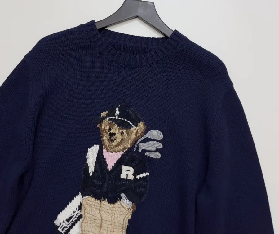 Navy Black-Jacket Golfer Bear Crew-Neck Sweater in Navy, product view 02