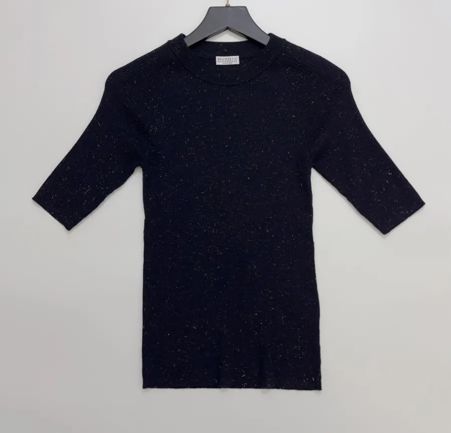 Sequined Slim-Fit Short-Sleeve Knit Top in Navy, product view 01