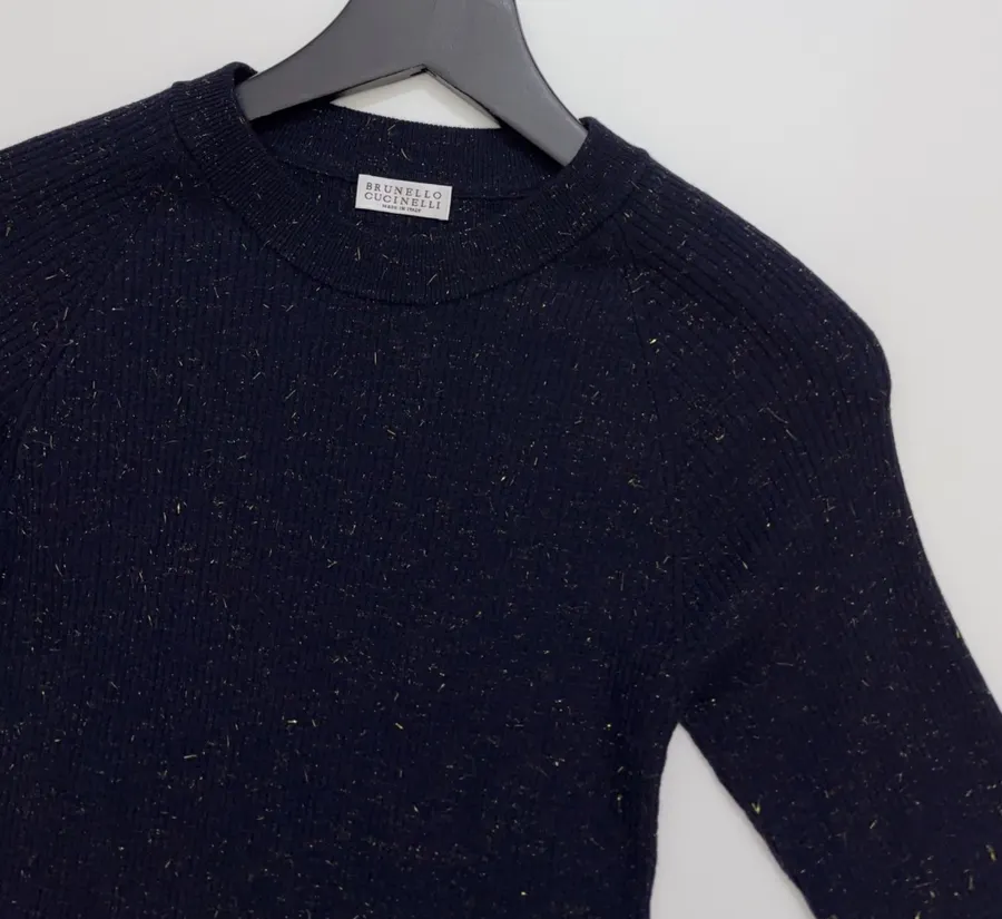 Sequined Slim-Fit Short-Sleeve Knit Top in Navy, product view 02