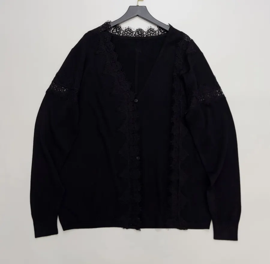 Laid-Back Style Lace Knitted Cardigan, Relaxed-Fit Outerwear Top in Black, product view 01