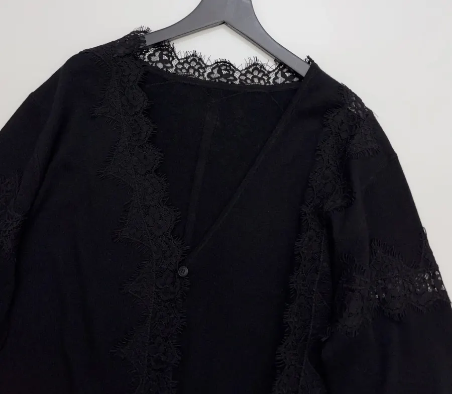 Laid-Back Style Lace Knitted Cardigan, Relaxed-Fit Outerwear Top in Black, product view 02