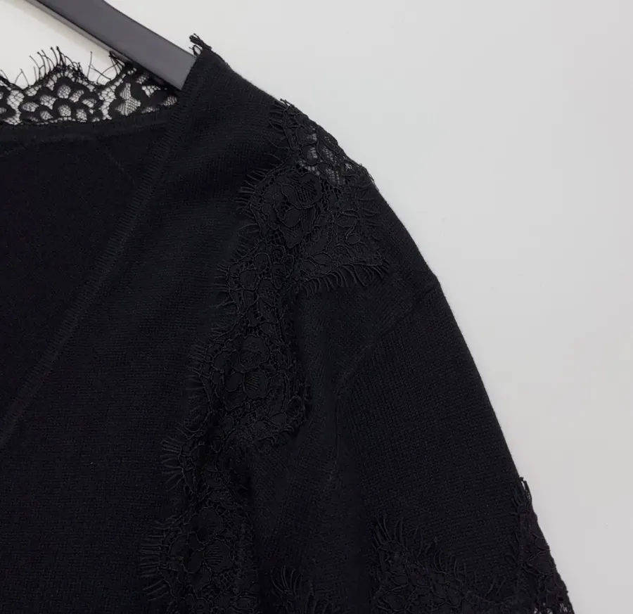 Laid-Back Style Lace Knitted Cardigan, Relaxed-Fit Outerwear Top in Black, product view 03
