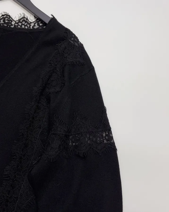 Laid-Back Style Lace Knitted Cardigan, Relaxed-Fit Outerwear Top in Black, product view 04